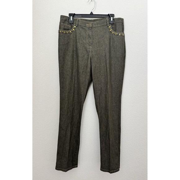 Ruby Rd Women's Metallic Green Sparkle Straight Leg Denim Jeans Jewel Accent 10 - Picture 1 of 11